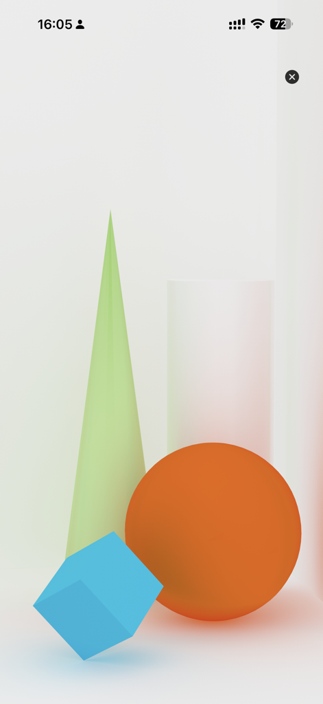 Formas primitivas 3D coloridas incluindo um cubo, esfera e cone no aplicativo 3Draw Modeling.