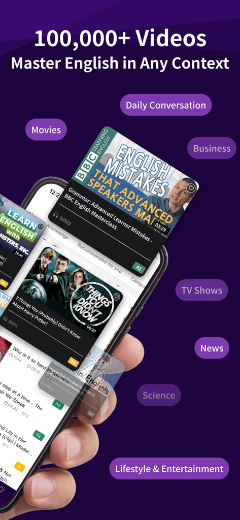 VoiceTube - Learn English - VoiceTube app interface showing over 100,000 English learning videos categorized by topics like news, business, and movies.