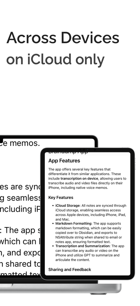 Brain Dump app interface on iPad and MacBook showing iCloud synchronization and markdown formatting features