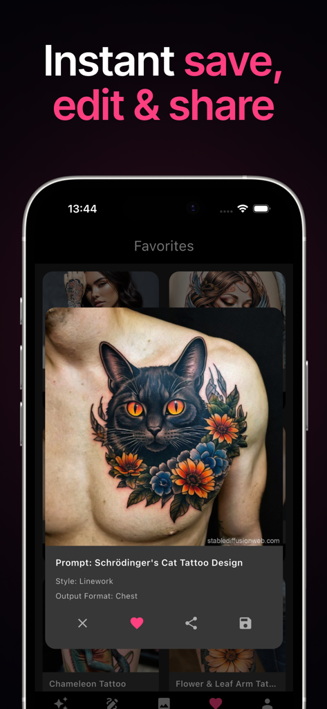 Ein Screenshot der Tattoo-KI-App, der ein Katzen-Tattoo-Design auf einer Brust zeigt und das Favoritenmenü.