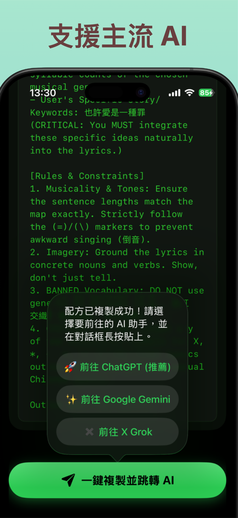 詞人說夢 – AI 作詞靈感生成器 - Uma tela de celular mostrando uma confirmação de cópia de prompt com links para ChatGPT, Google Gemini e X Grok para criação de letras de IA