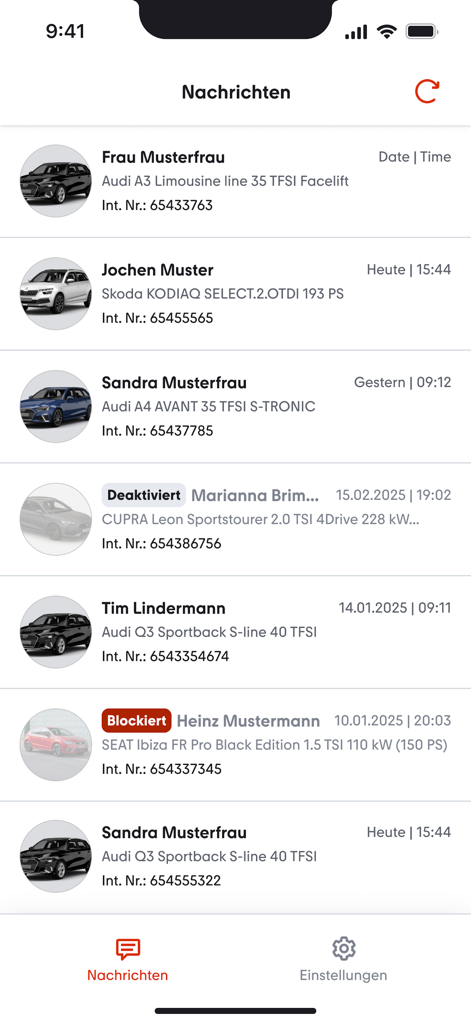 mobile.de - Dialog - A list of customer leads and messages in the mobile.de Dialog app showing vehicle enquiries for various car models