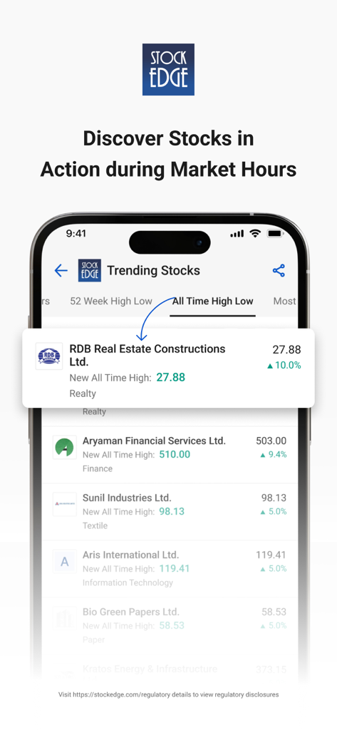StockEdge app interface showing trending Indian stocks and all-time high performers on a mobile screen.