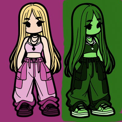 girl in baggy pants crop top and long hair