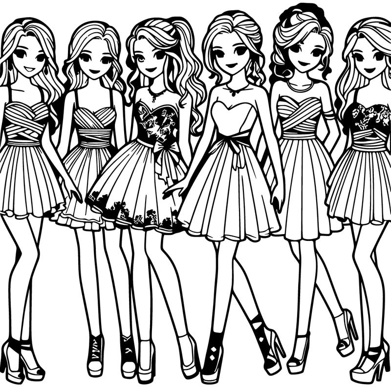 group of six teenage girls in prom dresses