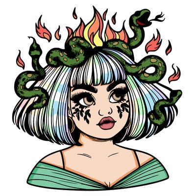 a plus size girl with short hair and snakes coming off her head like medusa, and flames in her eyes, beautiful and realistic