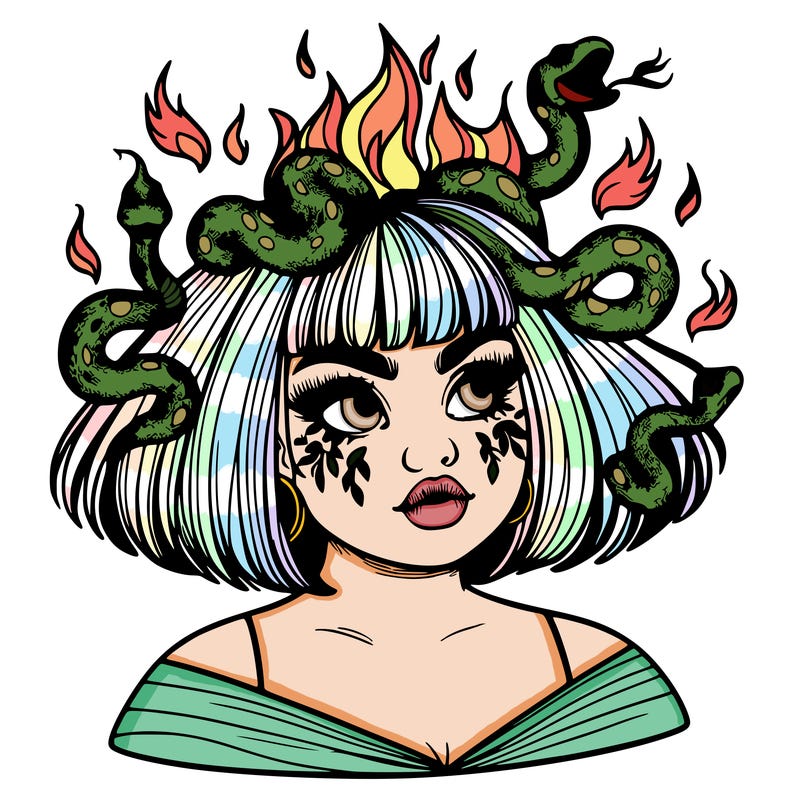 a plus size girl with short hair and snakes coming off her head like medusa, and flames in her eyes, beautiful and realistic