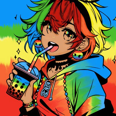 hot baddie anime girl drinking boba and biting the straw