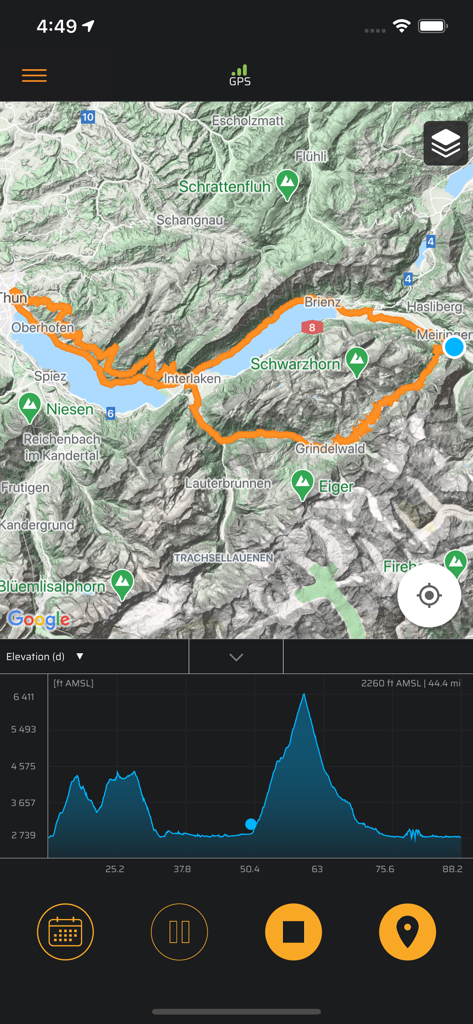 Cycling app interface showing a GPS map route and an elevation profile graph