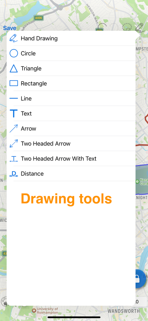 Map Notes - Un menú que muestra opciones de herramientas de dibujo como dibujo a mano alzada, formas y flechas sobre un mapa en la aplicación Map Notes.