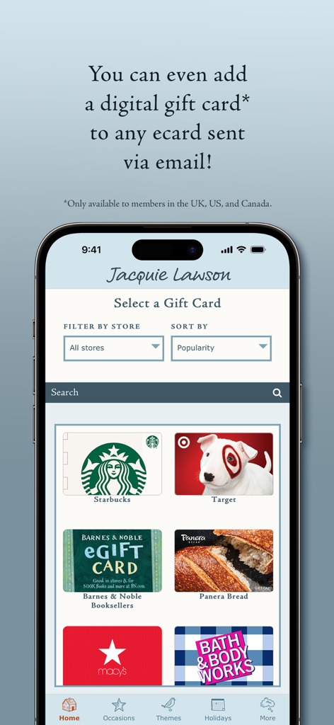 Jacquie Lawson Ecards - Jacquie Lawson Ecards app screen for selecting digital gift cards from popular retailers like Starbucks and Target.