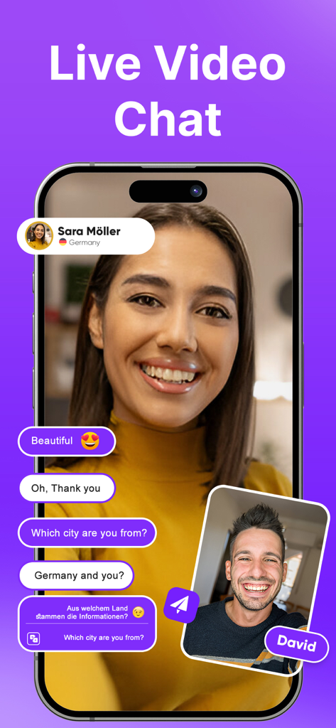 Ravi: Video Chat, Meet Singles - A man and a woman in a live video chat on the Ravi app with real-time text translation