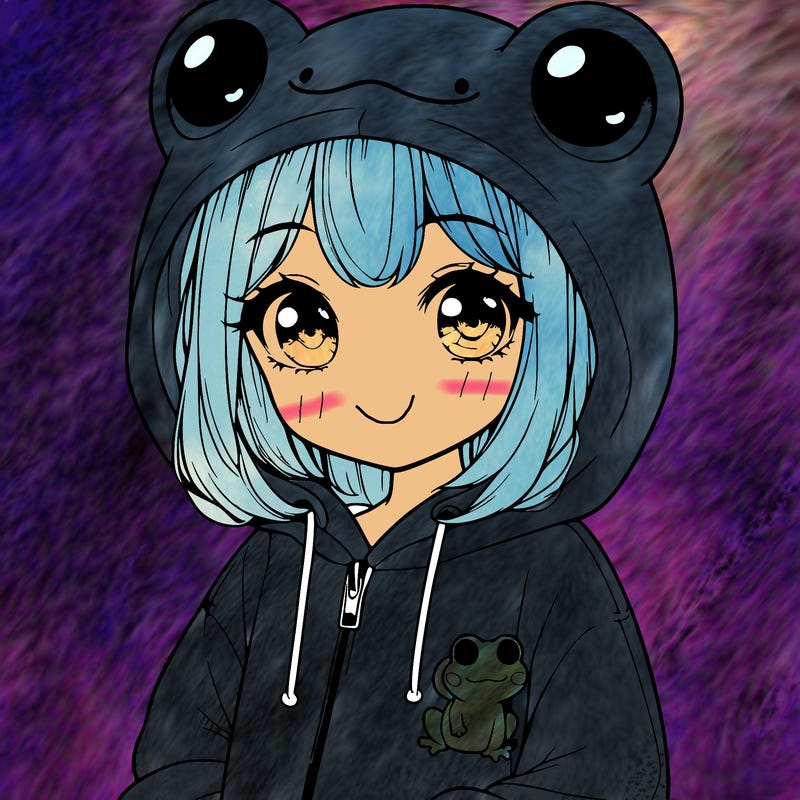 cute realistic girl in a froggy hoodie