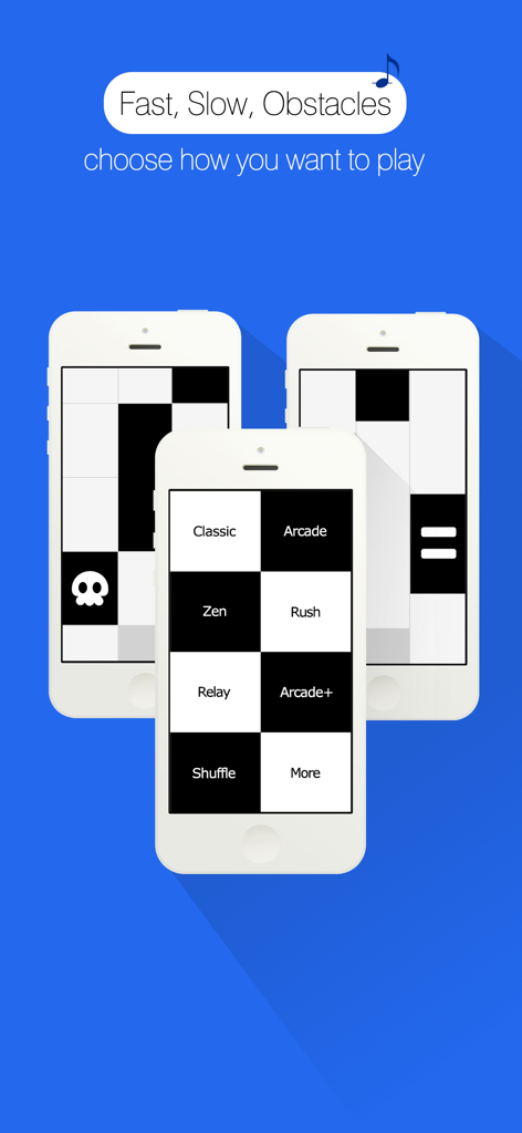 Three smartphones showing different game modes and gameplay for Piano Tiles including Classic Arcade and Zen