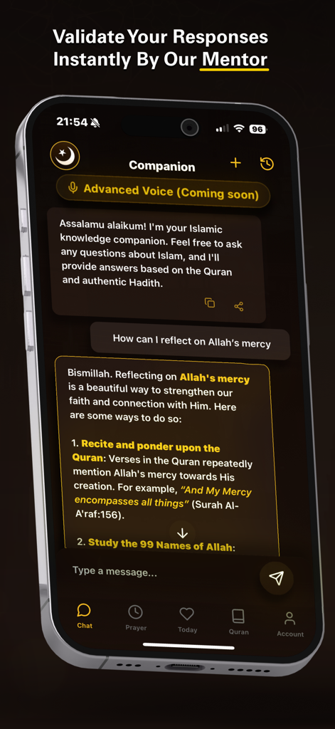 Interfaz de la aplicación móvil Islam Chat Deeny mostrando una conversación con un mentor islámico de IA que brinda guía espiritual