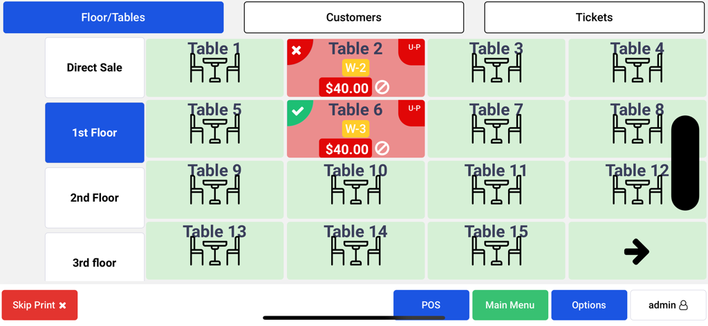 Foodship POS - Digital floor plan and table management screen of Foodship POS restaurant app.
