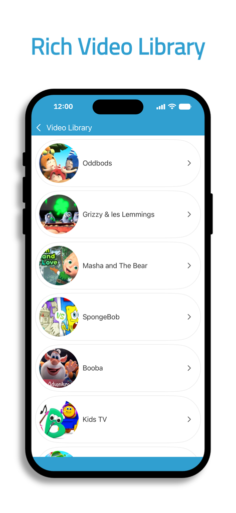 FunTube. - FunTube mobile app interface displaying a curated library of popular children's video channels including SpongeBob and Masha and the Bear