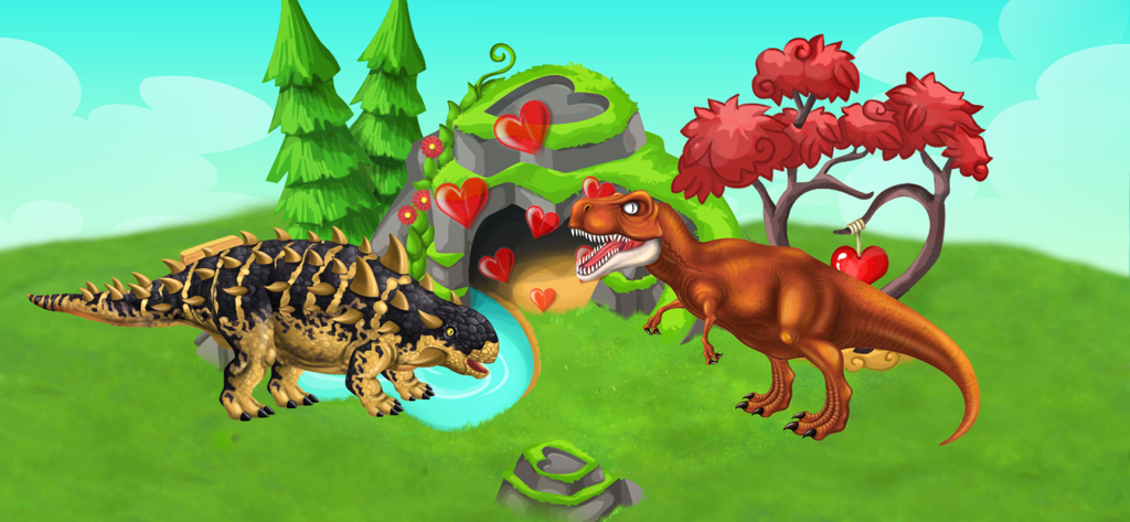 Dinosaur Zoo-The Jurassic game - Ankylosaurus y Tyrannosaurus Rex criando con corazones en el juego Dinosaur Zoo