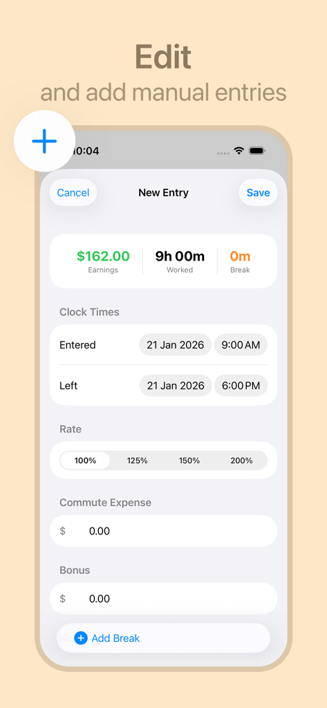 Hours Tracker app interface showing the manual entry screen for adding work hours earnings and pay rates