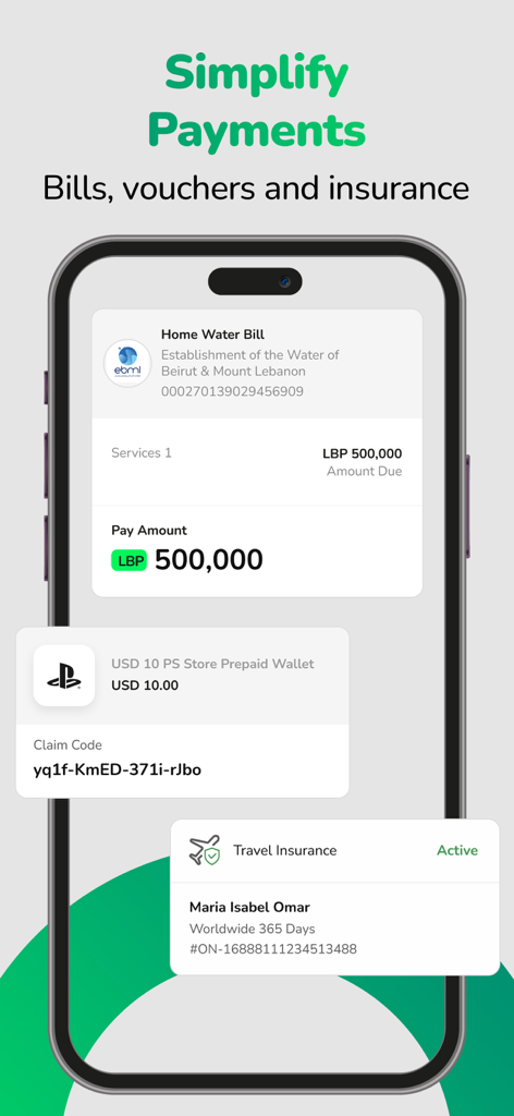 Interfaz de la aplicación neo by Bank Audi que muestra opciones para pagar facturas, gestionar vales de juego y ver el estado del seguro de viaje.