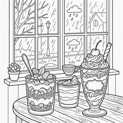 Find comfort in creativity with this delightful coloring page featuring beautifully layered yogurt parfaits set against a charming rainy day window. Indulge in the intricate details of fruit, granola, and swirling rain as you bring this cozy scene to life with your favorite colors.