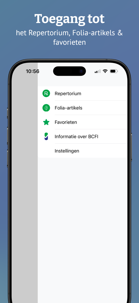 BCFI mobile app side navigation menu with access to drug repertory and medical articles