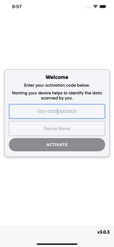 SmartScan app activation screen with fields for activation code and device name