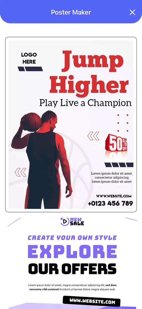 Poster Maker + Flyer Maker . - Modèle de flyer sportif de basketball dans l'application Poster Maker