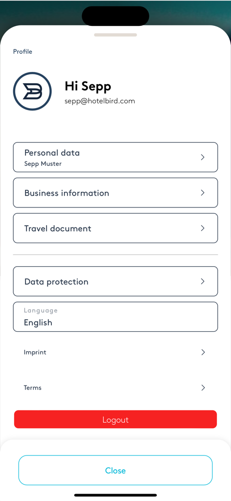 Hotelbird - The user profile screen of the Hotelbird app showing account settings for personal and business information.