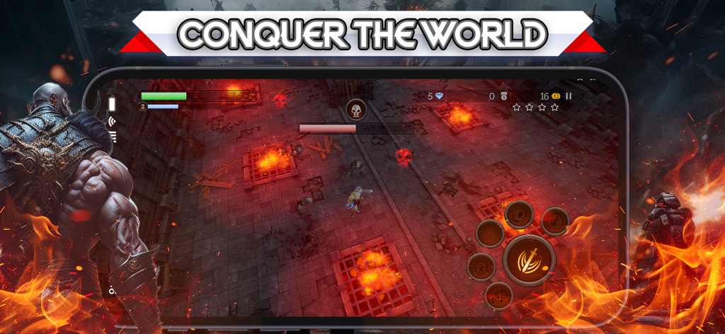 God of Battle Sparta - Top down 3D action gameplay of a Spartan warrior in a battle arena with fire traps and the banner text Conquer the World