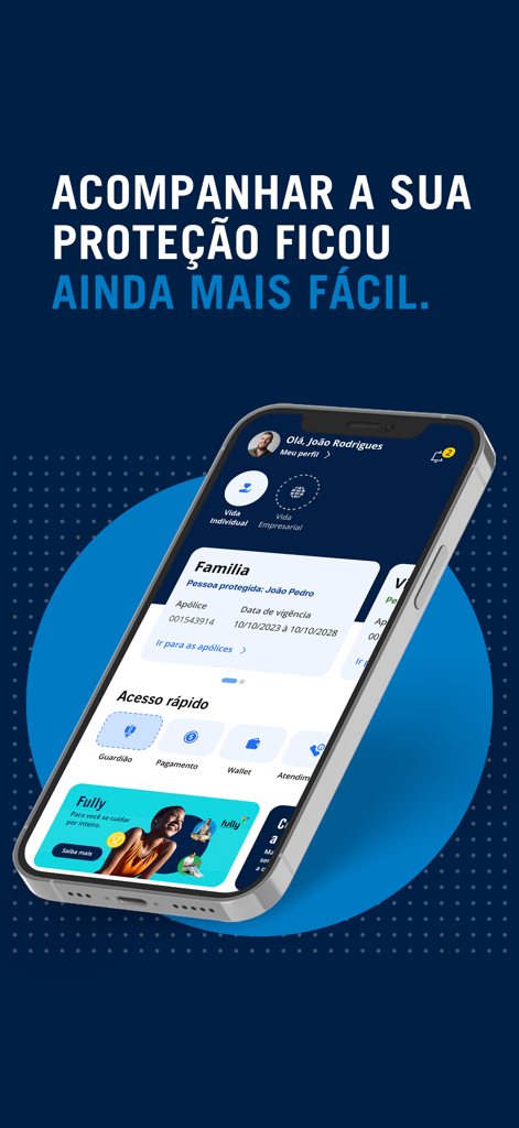 Prudential Seguros - Ecrã de smartphone mostrando o painel da aplicação Prudential Seguros com detalhes da apólice de seguro em português