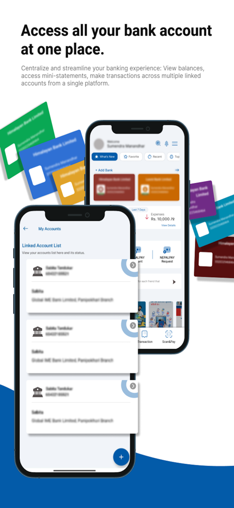 connectIPSアプリのインターフェース。中央集権的な金融管理のために、リンクされたネパールの銀行口座のリストを表示しています。