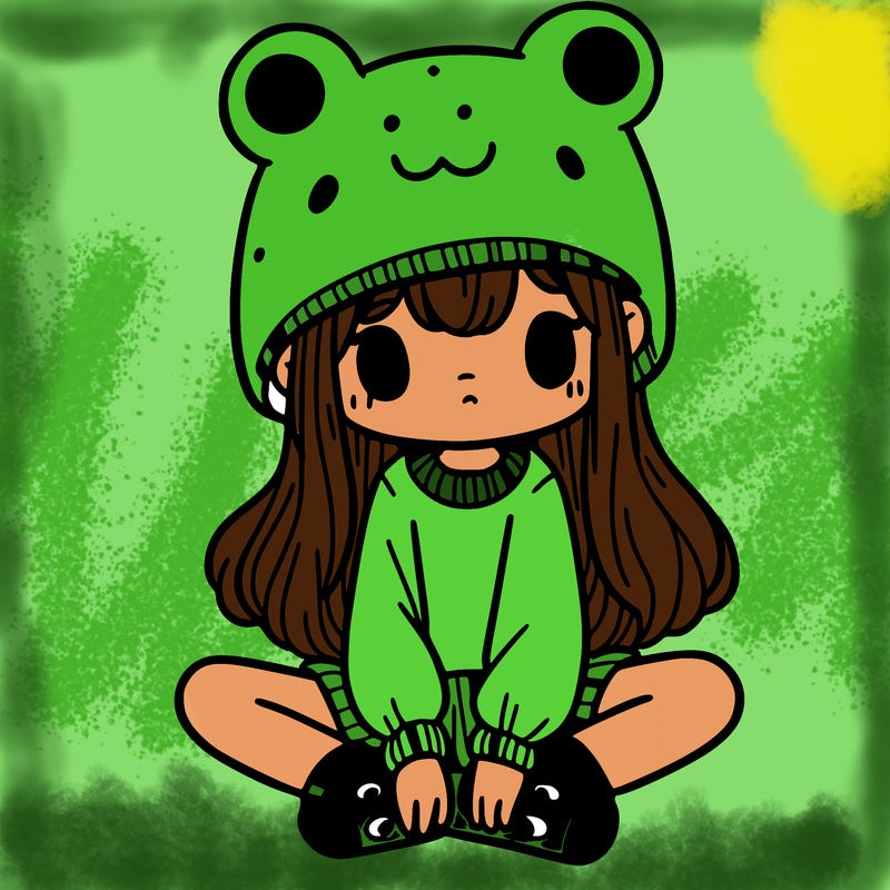 a girl wearing a frog hat and some frog socks
