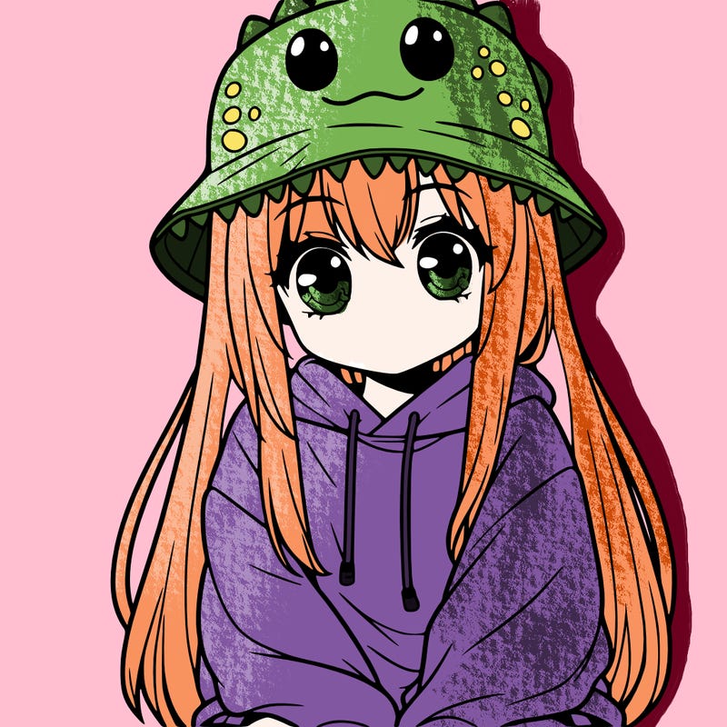girl with anime shaped eyes with a dinosaur bucket hat oversized sweatshirt long straight hair