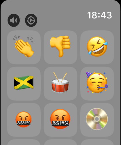 Interfaz de la aplicación Emoji Sound en un Apple Watch que muestra varios botones de sonido con emojis.