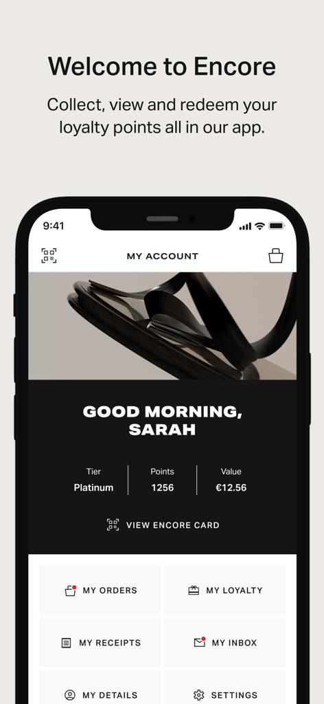 Brown Thomas - Brown Thomas app My Account screen displaying Encore loyalty program points and tier status