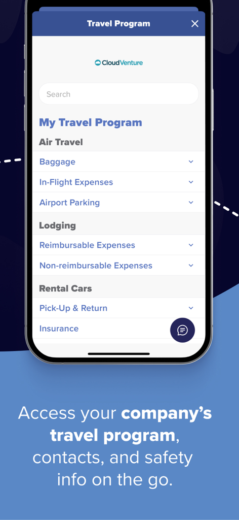 TripSource - TripSource app displaying corporate travel program details for air travel lodging and rental cars