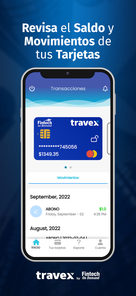 Travex - Travex mobile app interface displaying a corporate card balance and recent transaction history