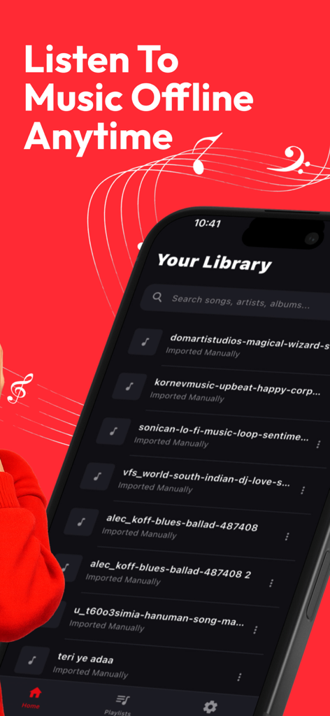 Music Player - Offline Audio - Interfaccia della libreria dell'app Music Player che mostra canzoni importate manualmente per l'ascolto offline