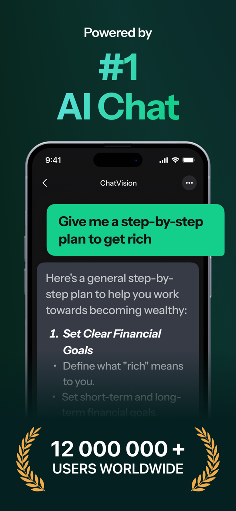 ChatVision - AI Chatbot Expert - ChatVision AI chatbot app interface showing a step-by-step financial plan on a mobile screen
