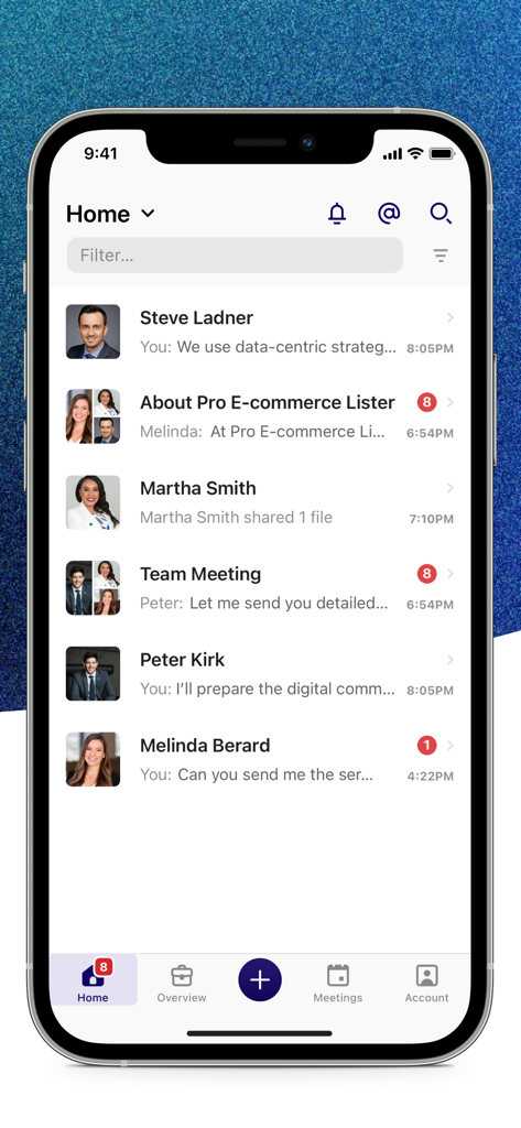 EcommerceListers - EcommerceListers mobile app home screen showing a list of chat messages and team meetings for e-commerce business collaboration.
