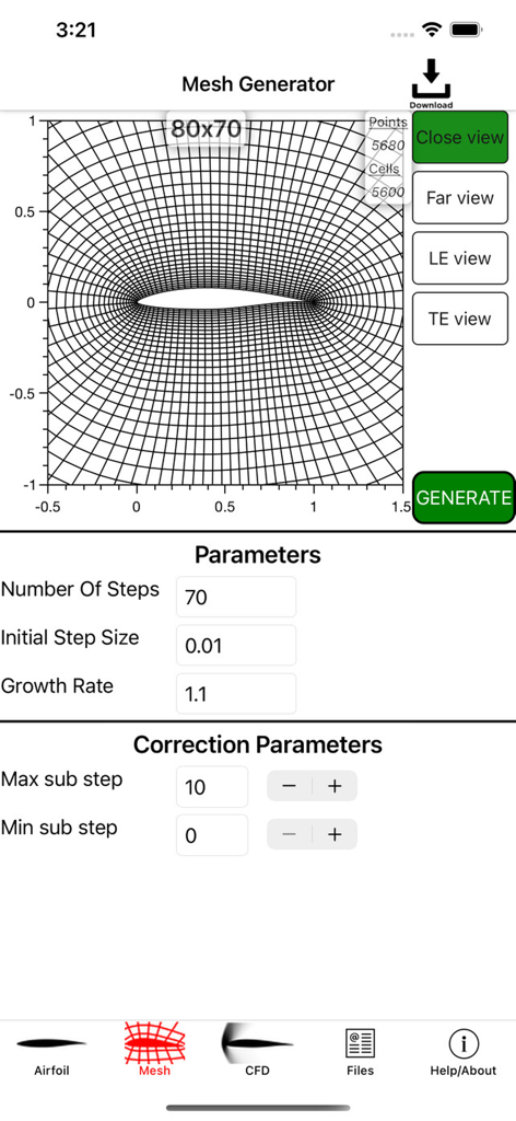 Airfoil Design - Uma captura de tela da interface do Gerador de Malha no aplicativo Airfoil Design mostrando uma malha de grade tipo O em torno de um perfil de asa com parâmetros ajustáveis.