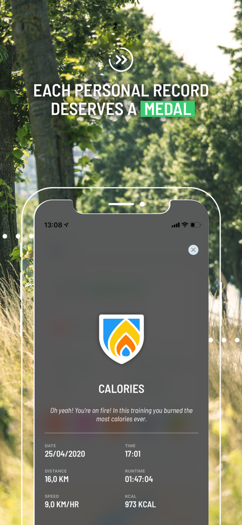 Start 2 Run - Start 2 Run app interface displaying a personal record medal for calories burned with workout statistics.
