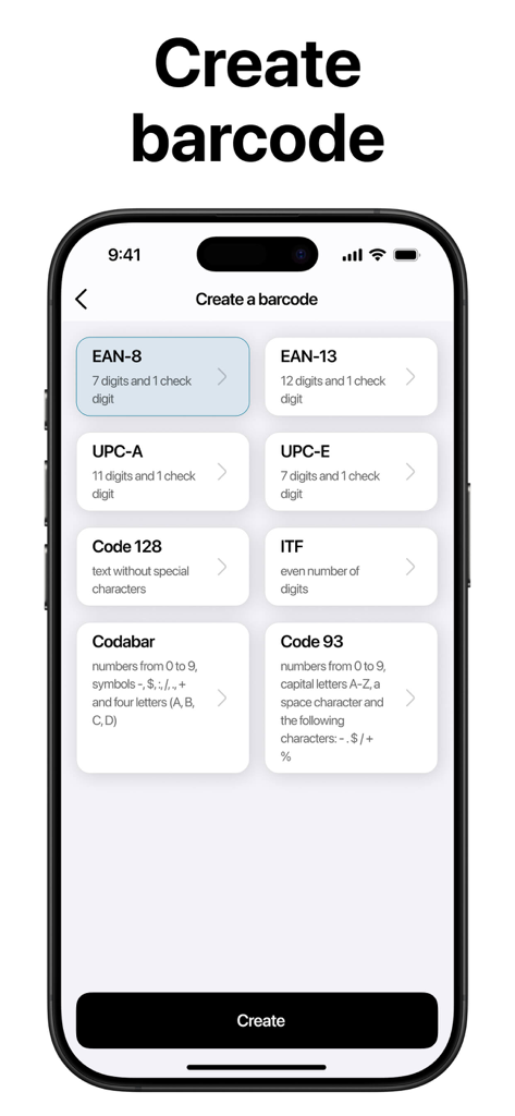 Barcode Scanner & Readerㅤㅤ - Tela de seleção para diferentes formatos de código de barras profissionais, incluindo UPC e EAN