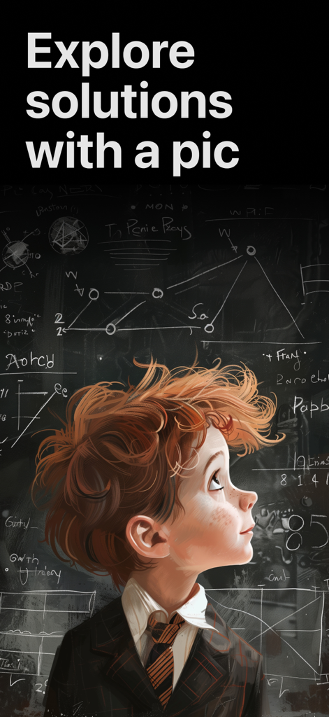 AI Math Solver Helper - Msol - A student looking at a chalkboard with math formulas and the text Explore solutions with a pic