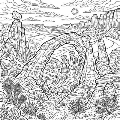 Embark on a coloring journey through a breathtaking desert scene, featuring an impressive natural arch and towering spires. Bring this awe-inspiring landscape of unique rock formations to life with your favorite colors.