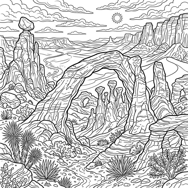 Embark on a coloring journey through a breathtaking desert scene, featuring an impressive natural arch and towering spires. Bring this awe-inspiring landscape of unique rock formations to life with your favorite colors.