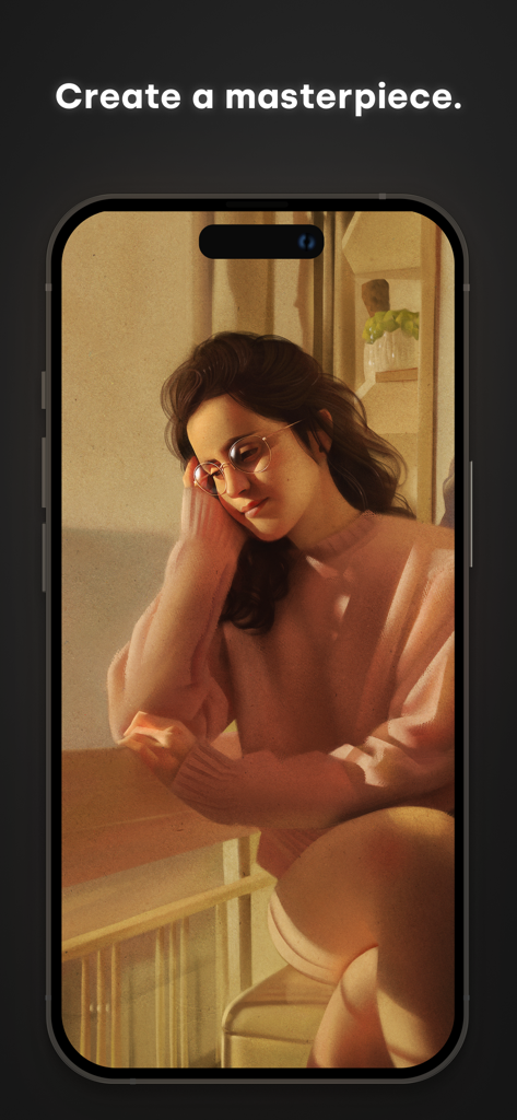 A digital portrait of a woman with glasses created in the Infinite Painter app displayed on an iPhone screen