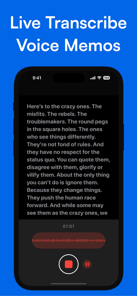 Spiik app interface showing live transcription of a voice memo on a smartphone screen