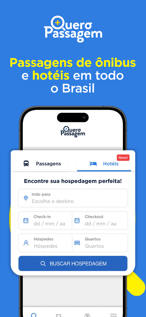 Interface de recherche d'hôtels dans l'application Quero Passagem pour la réservation d'hébergements de voyage au Brésil